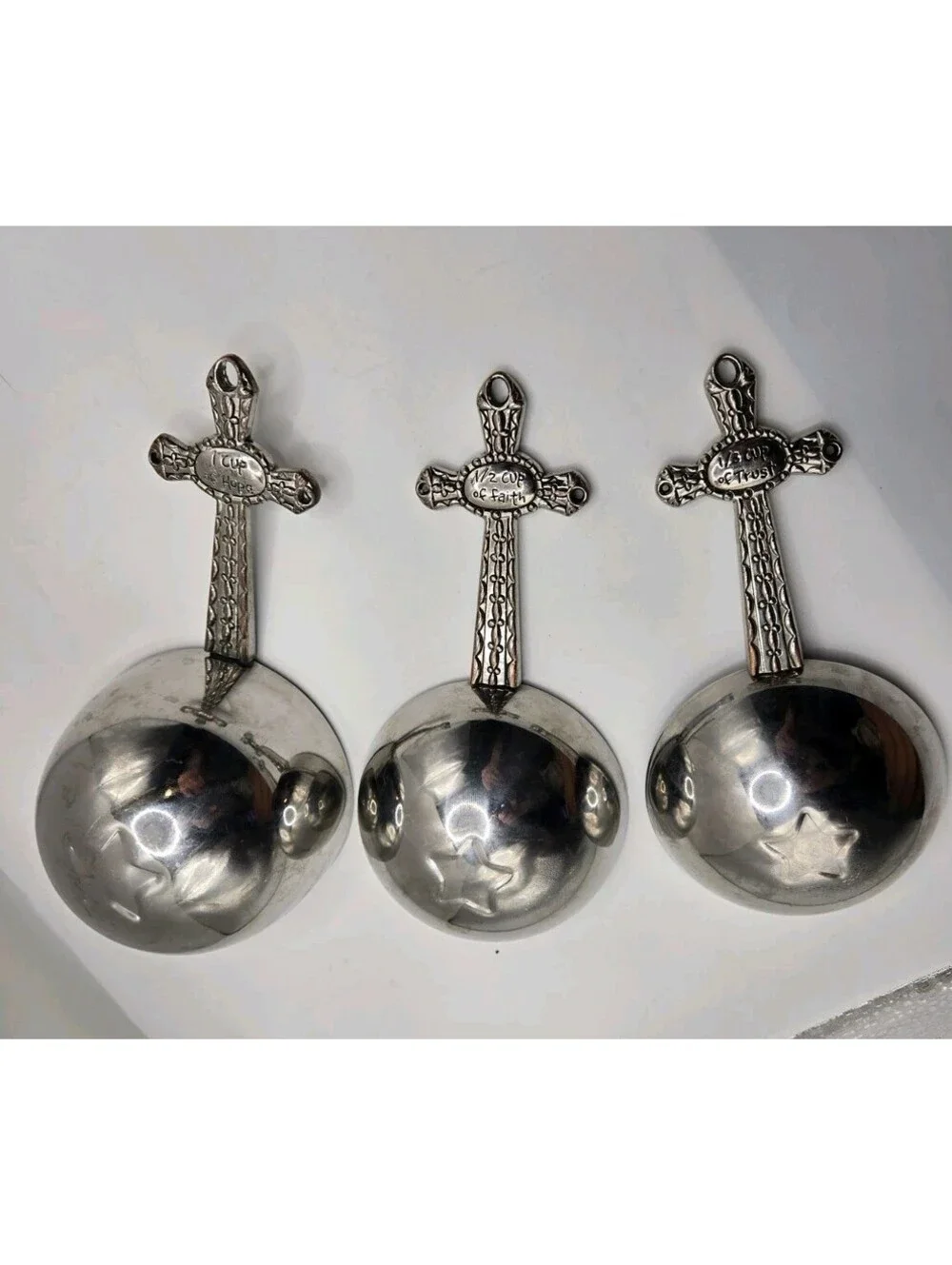 Vtg Ganz Religious Cross Measuring Cups 3pc Zinc Alloy Faith Trust Hope